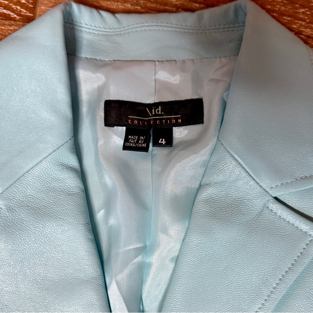 /id Collection (Nordstrom) Turquoise Lt. Blue Leather Blazer Jacket / Size 4 - Picture 2 of 9